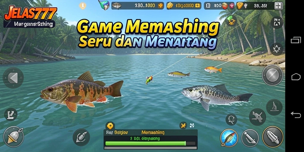 Antarmuka JELAS777 menampilkan lokasi memancing yang menawan dan alat-alat pancing yang beragam.
