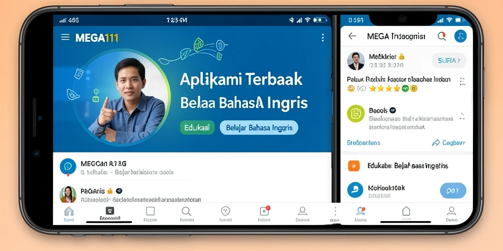 Tampilan antarmuka aplikasi MEGA111 untuk pembelajaran bahasa Inggris.