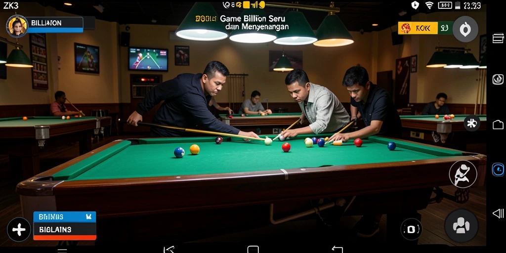 Tampilan antarmuka menarik game billiard ZK3 di Android.